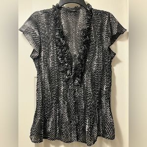 Black sheer short sleeve button-up ruffle blouse